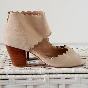 Anthropologie Scalloped Suede Leather Peep Toe Block Heel Sandals Neutral Shoes